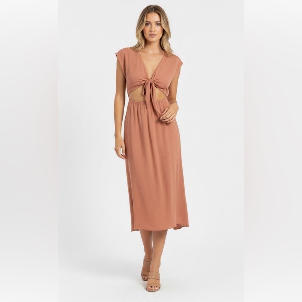 SNDYS NWT Botanical Tie Front Cut Out Rust Brown Boho Midi Maxi Dress Small